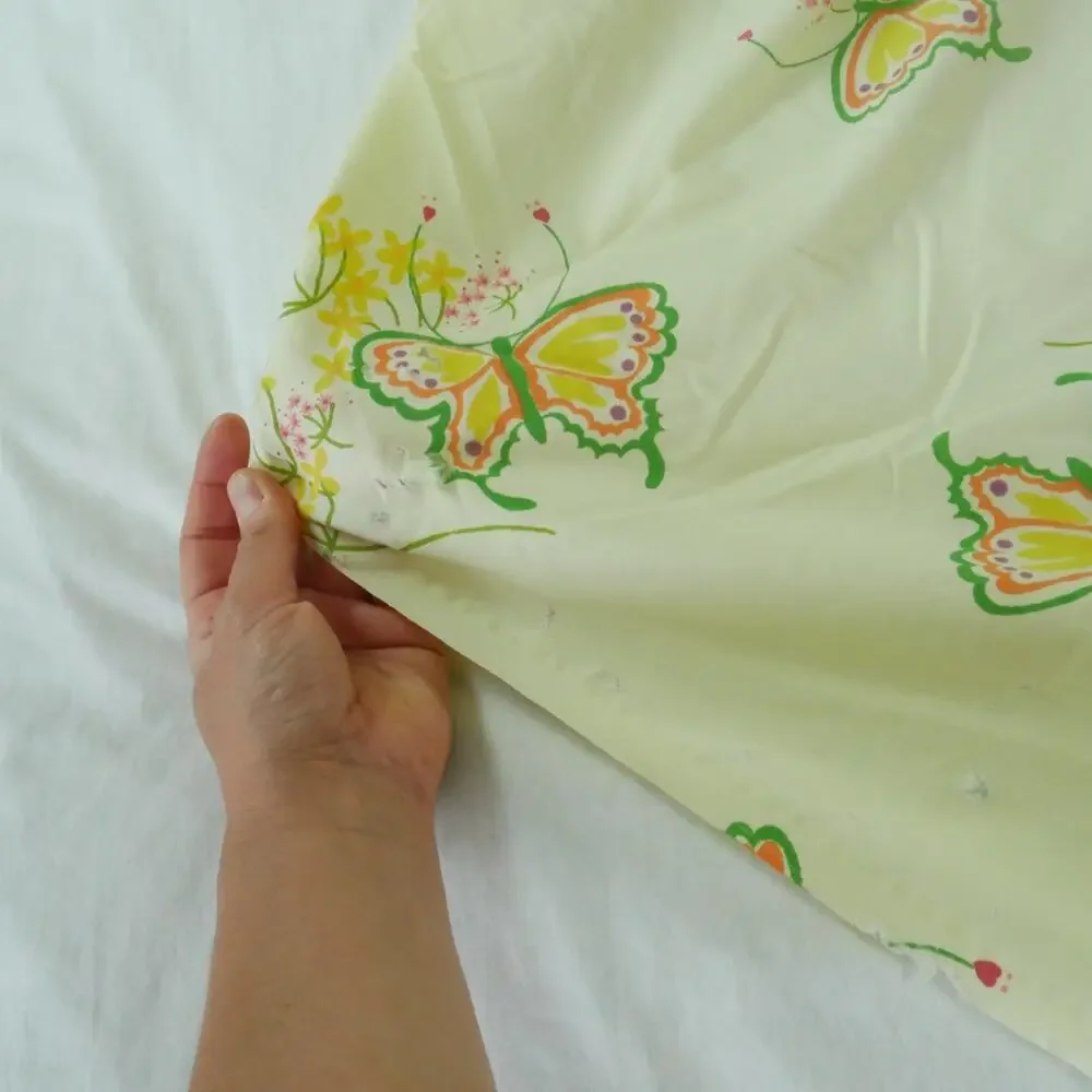 Vintage 70s Queen Sheet‎ Set Yellow Floral Butterflies Marlene Tastemaker Dainty